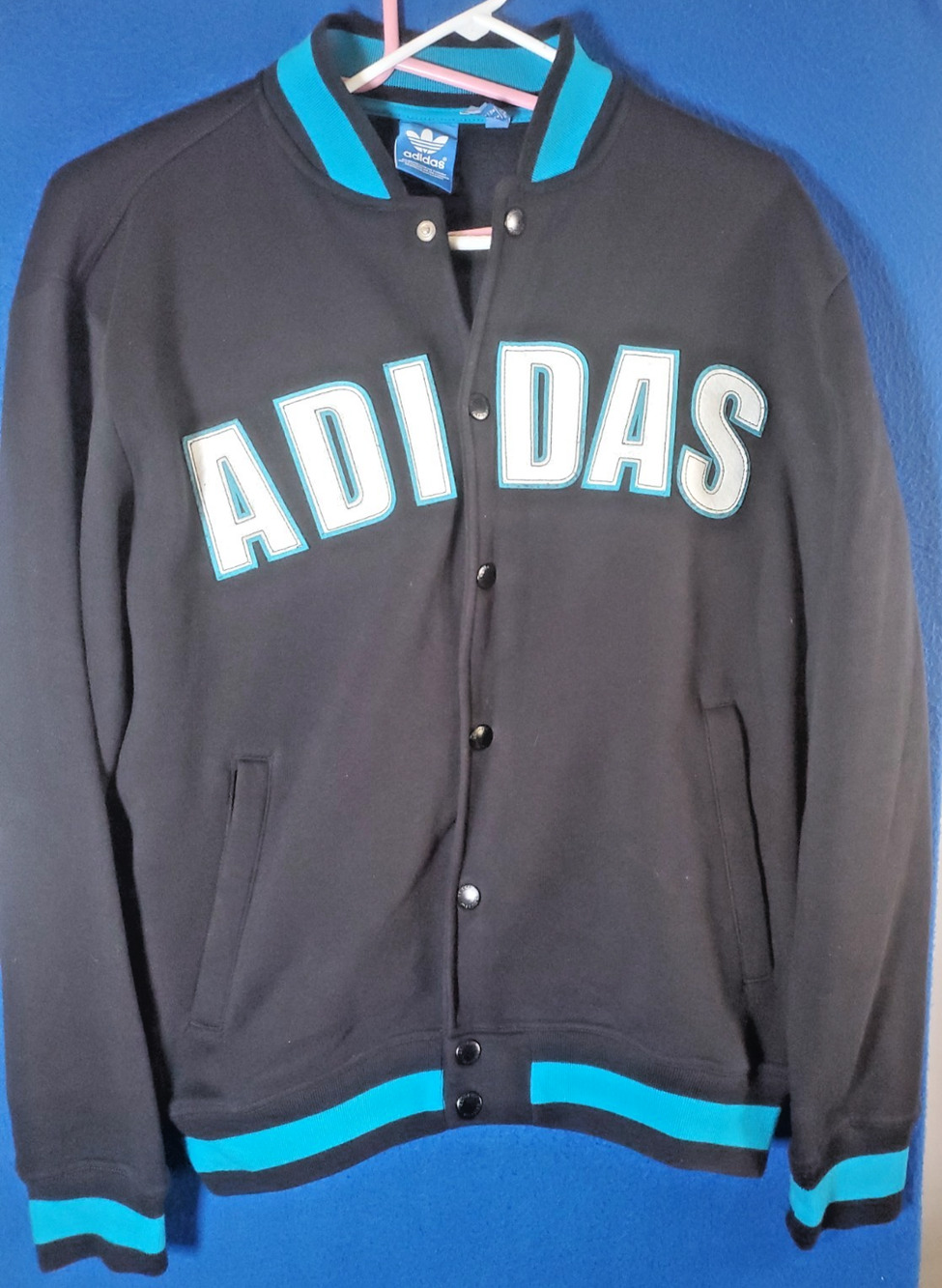 Adidas Originals Fleece Varsity Jacket Black Vivid Teal Men's XL Snap Spellout